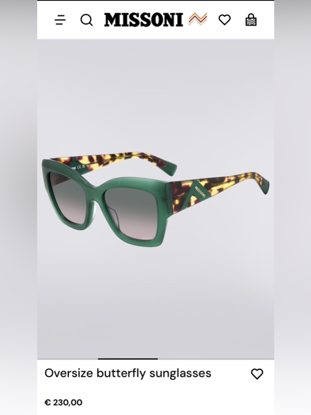New Italian Missoni Green Frame Sunglasses with Tortoiseshell Temples